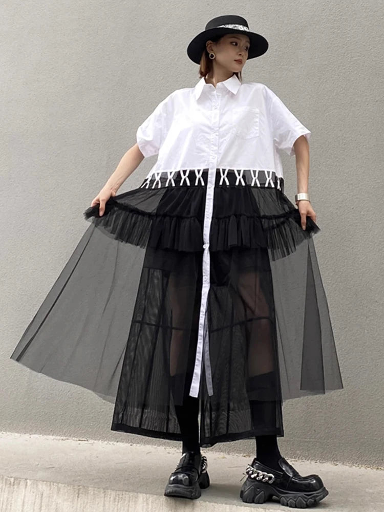 XITAO Mesh Single Breasted Turn-down Collar Dress Casual Slimming A-line Patchwork Short Sleeve Summer Women Dress ZMY1073