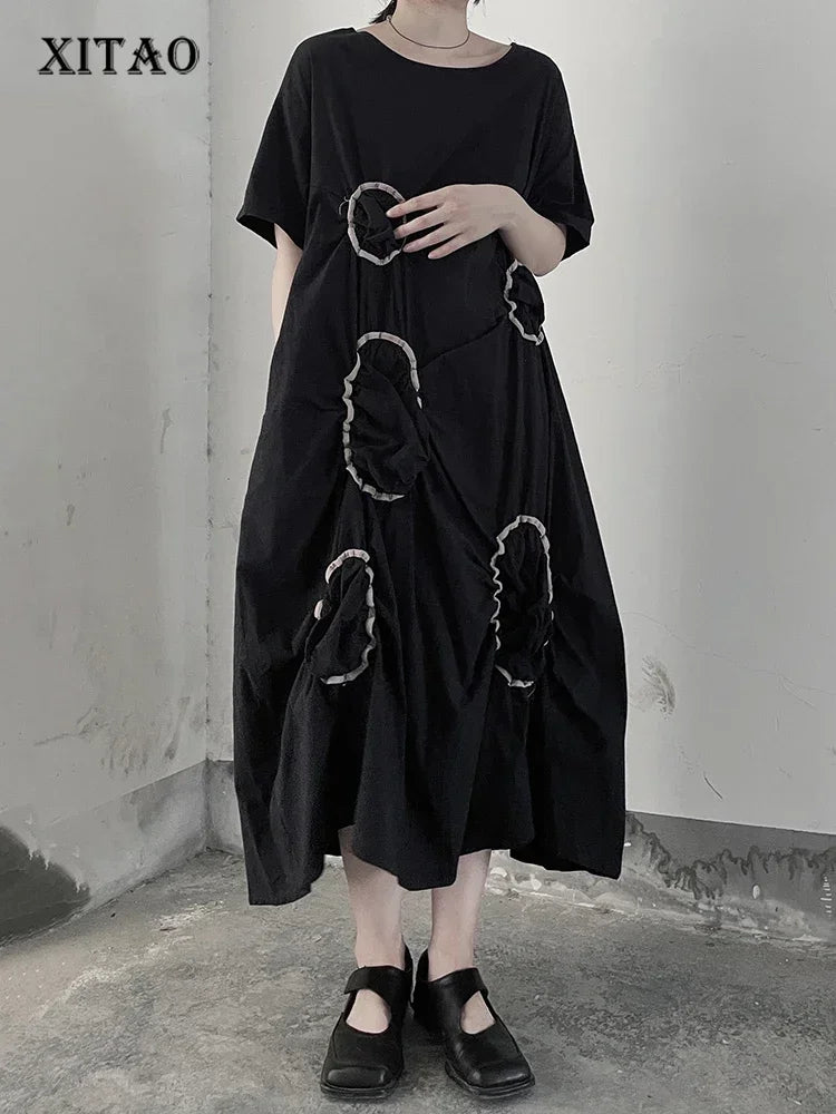 XITAO Vintage Casual T-shirt Dress Irregular Contrast Color Round Folds Decorate Fashion Loose Summer New Women Dress WMD6701