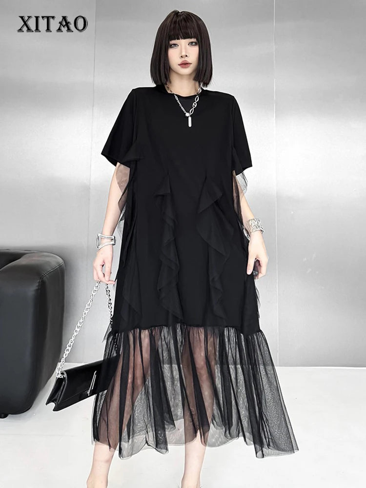 XITAO Irregular Solid Color Loose Dress Patchwork Gauze O-neck Short Sleeve Casual Slimming Simple Summer Woman Dress ZMY1373