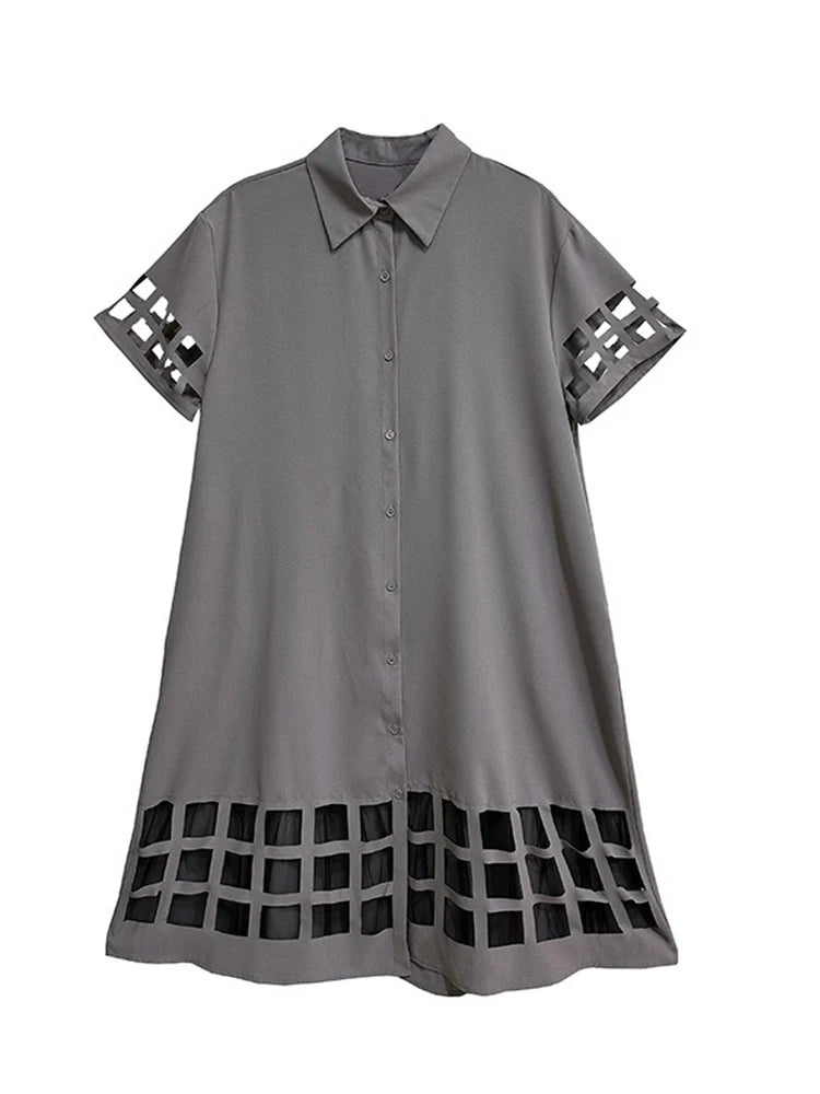 XITAO Hollow Out Patchwork Mesh Half Sleeve Dress Turn-down Collar Vintage Casual Solid Color Single Breasted Dress GMM1351