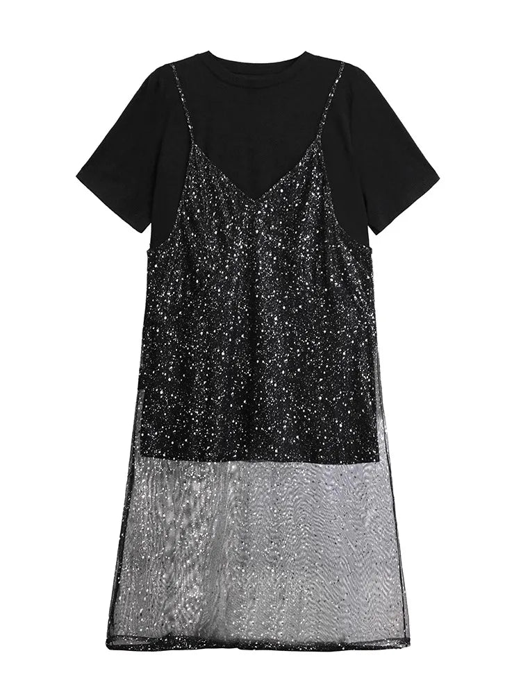 XITAO Sequin Mesh O-neck Dress Casual Loose Fitting A-line Hong Kong Elegant Fashion Personality Summer Women Dress ZMY1235