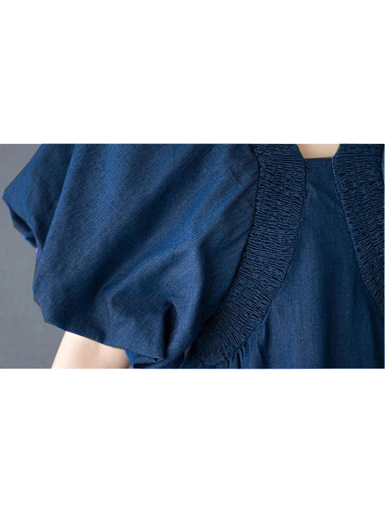 XITAO Puff Sleeve Solid Color Pleated Female Dress V-neck Patchwork Personality Temperament Elegant Summer Woman Dress ZMY1255