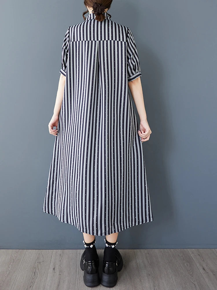XITAO Striped Sequined Patchwork Female Dress Loose Turn-down Collar Asymmetrical Personality Summer Woman Shirt Dress ZMY1241