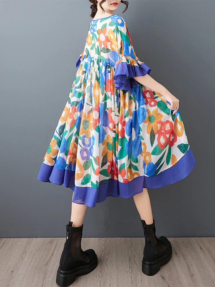 XITAO V-neck Print Patchwork Dress Edible Tree Fungus Slimming Elegant Small Fresh Loose Pleated Summer Woman Dress ZMY1256