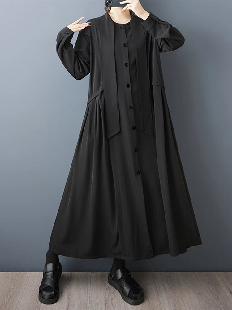 XITAO Drawstring Full Sleeve Vintage Dress Solid Color Single Breasted Loose Pocket Casual All-match Simple Woman Dress ZMY1407