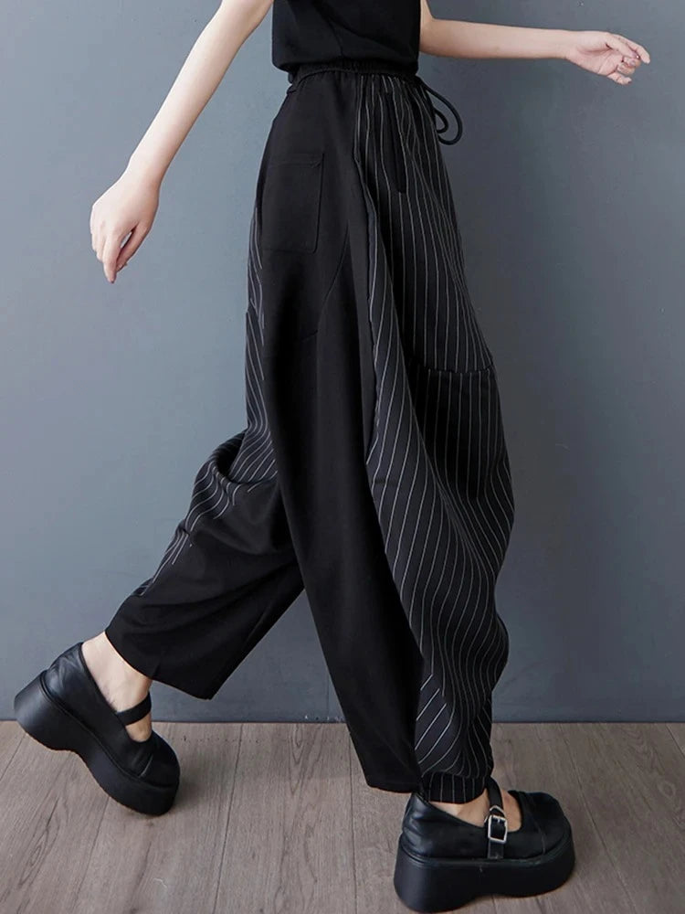 XITAO Stripe Drawstring Patchwork Pant Elastic Waist Hong Kong New Casual Loose Fitting Personality Spring Women Pant ZMY1054