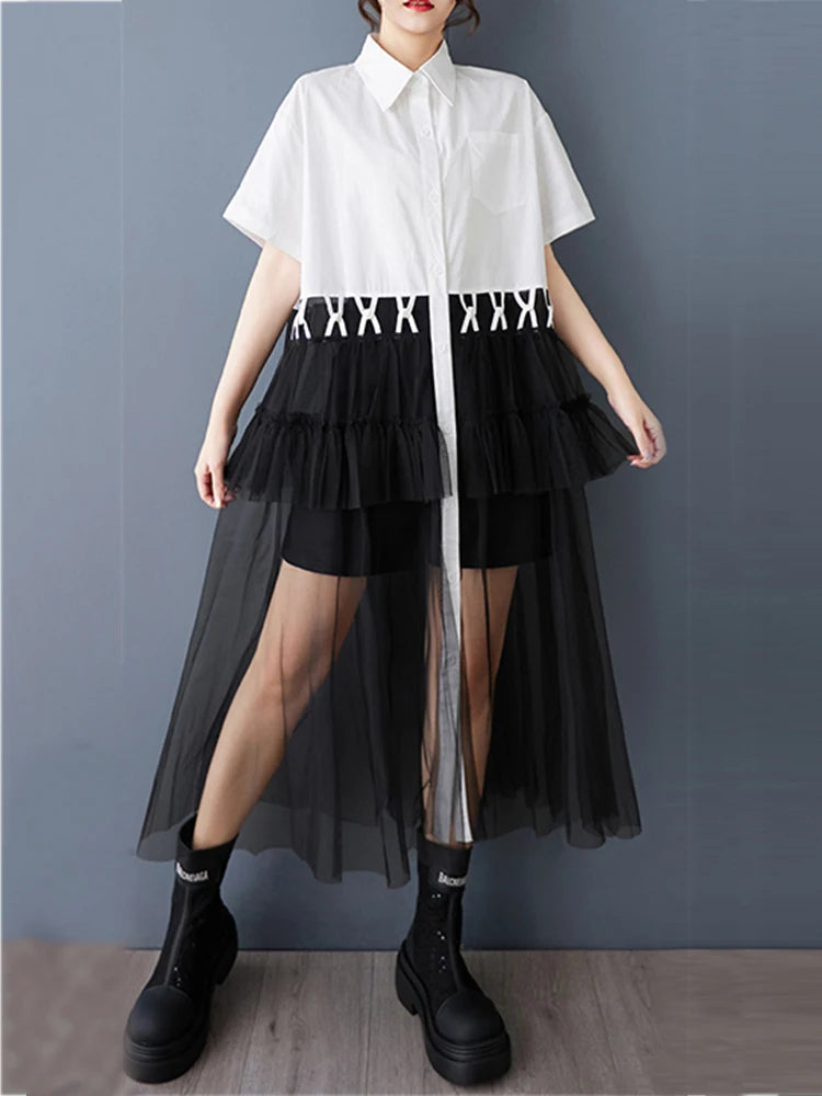 XITAO Patchwork Mesh Single Breasted Dress Casual Loose Fitting A-line Short Sleeve Turn-down Collar Summer Women Dress GYX1634