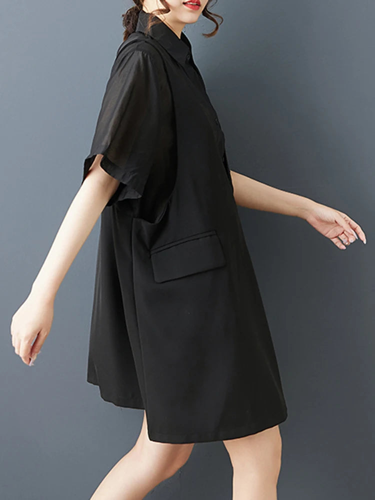 XITAO Pocket Patchwork Solid Color Shirt Dress Collar Short Sleeve Loose Slimming Summer Woman Fake Two Pieces Dress ZMY1298