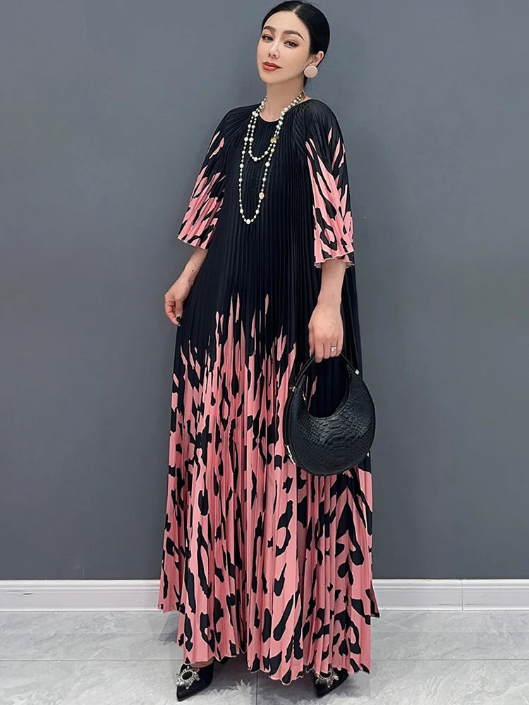 XITAO Print Pleated O-neck Three Quarter Sleeve Dress Elegant Temperament Loose Fashion Summer New Goddess Fan Dress LYD1881