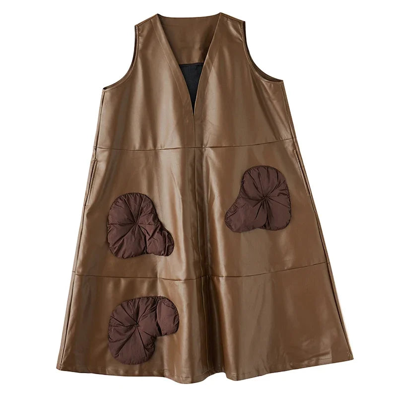 XITAO Three-dimensional Decoration V-neck Dress Solid Color Patchwork Pullover Sleeveless Loose 2024 Spring New Casual Dmj2310