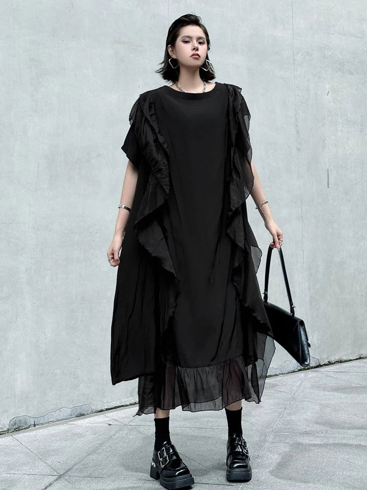 XITAO Irregular Patchwork Ruffles Mesh Dress Solid Color O-neck Loose Casual Temperament Personality Summer Woman Dress ZMY1270