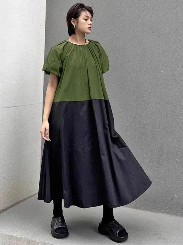 XITAO Patchwork Contrast Color Dress O-neck Loose Casual Short Sleeve Simple Slimming Personality Summer Woman Dress HQQ2491