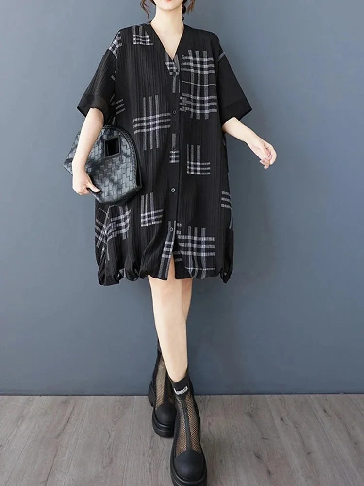 XITAO Striped Print Patchwork Contrast Color Loose Dress V-neck Short Sleeve Loose Vintage Knee-length Shirt Dress ZMY1172