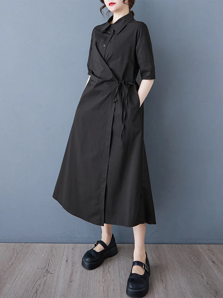 XITAO Loose Folds Vintage Shirt Dress Casual Patchwork Solid Color Temperament Slimming Women Simple Sweet Dress ZMY1068