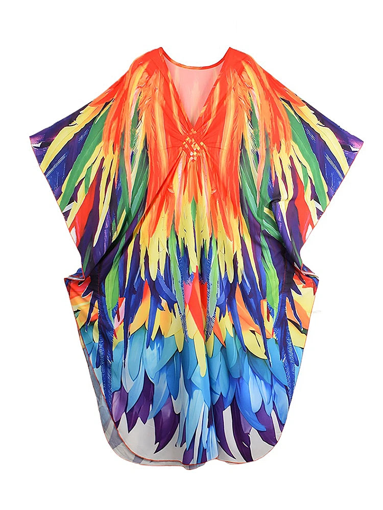 XITAO Bat Wing Sleeve Vintage V-neck Print Dress Loose V-neck Casual Side Slit Temperament Personality Summer Woman Dress GJ1160