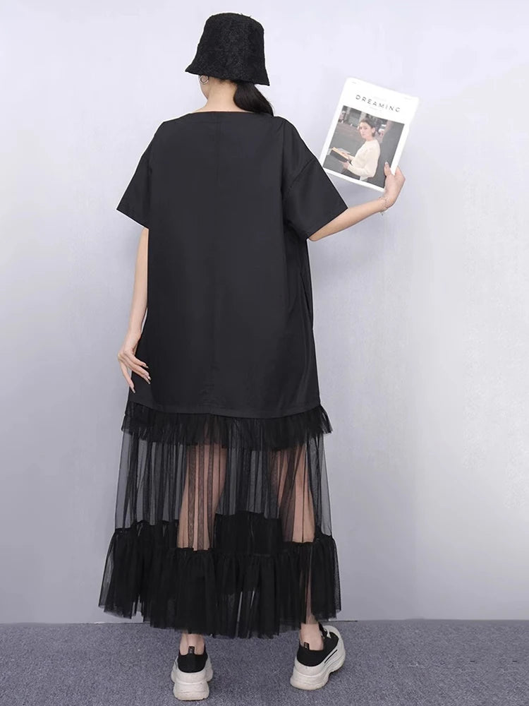 XITAO Gauze Patchwork Loose Female Dress O-neck Short Sleeve Casual Simple Slimming Temperament Summer Woman Dress HQQ2496