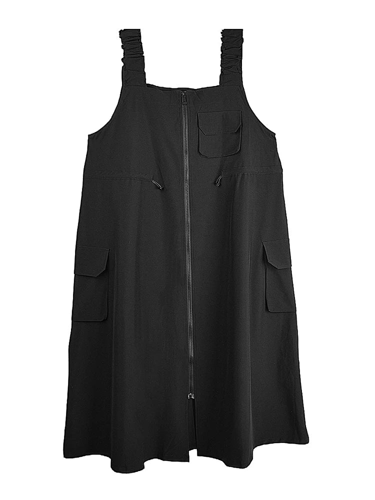 XITAO Zipper Pocket Patchwork Shirring Dress Solid Color Sleeveless Loose Casual Slim Summer Personality A-line Dress ZMY1217