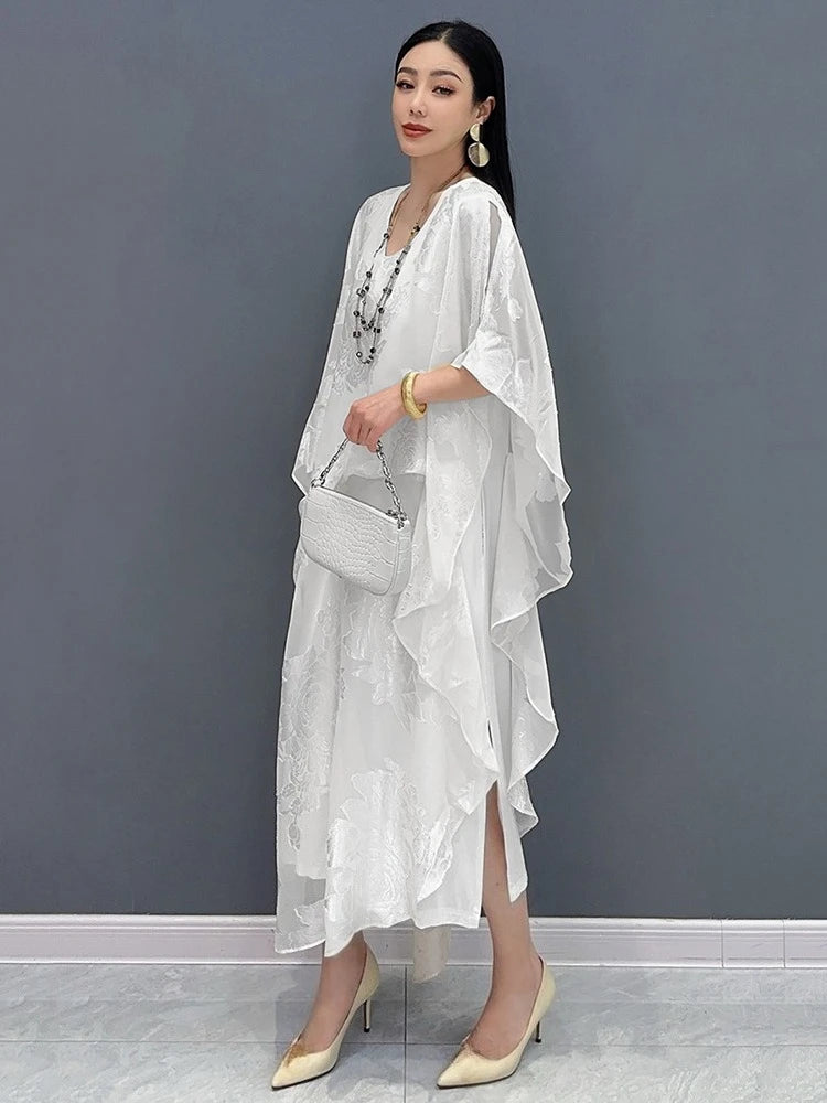 XITAO Jacquard Asymmetrical Folds Pullover Dress Solid Color O-neck Loose Temperament All Match Slimming Casual Dress ZMY1178