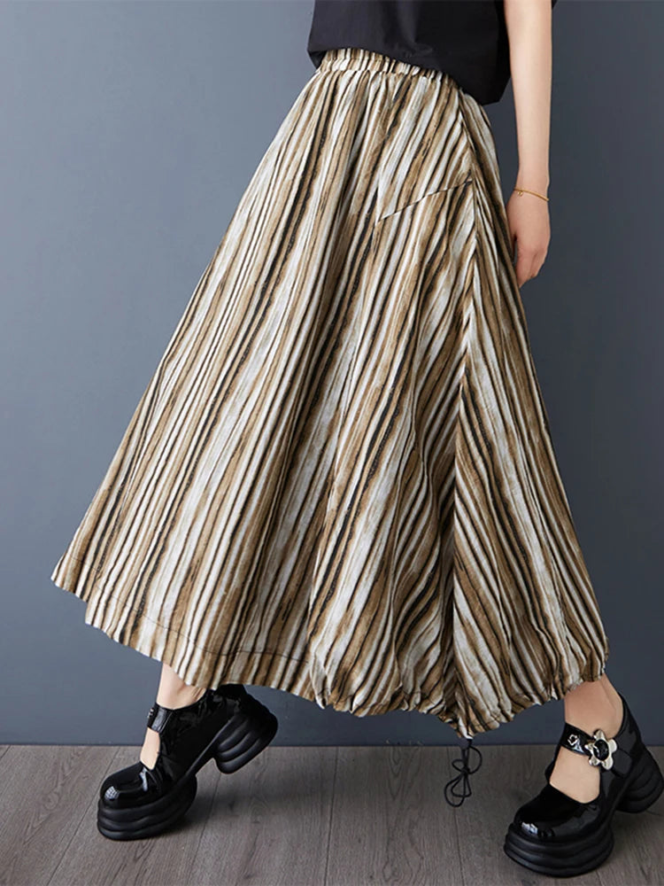 XITAO Stripe Elastic Waist A-line Skirt Casual Mid-calf Solid Color Personality Simple Vintage Summer Women Skirt GYX1646