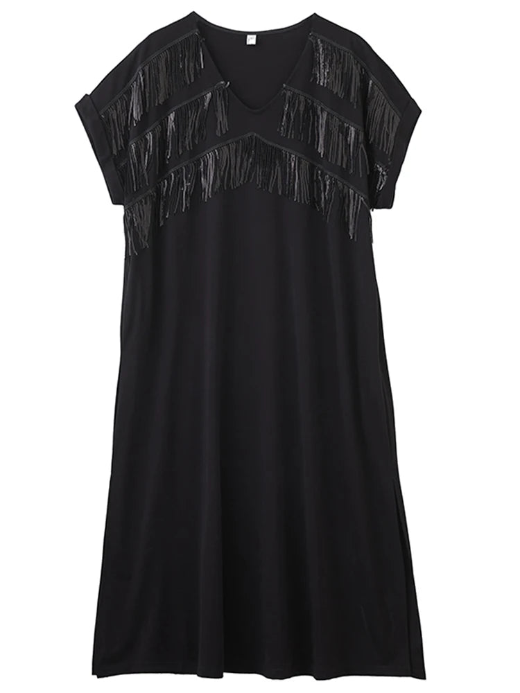 XITAO Tassel Patchwork V-neck Pullover Dress Solid Color Short Sleeve Pocket Side Split Temperament Slimming Women Dress ZMY1350