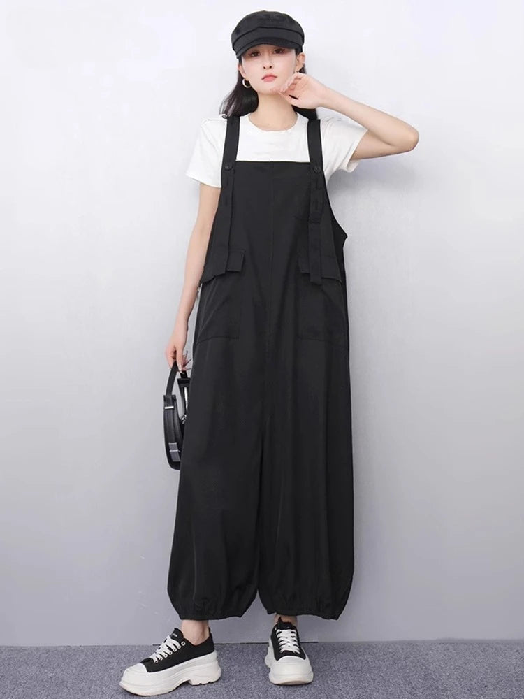 XITAO Sleeveless Straps Jumpsuits Temperament A-line Pocket Patchwork Women Loose Solid Color Summer Slimming Jumpsuits ZMY1338