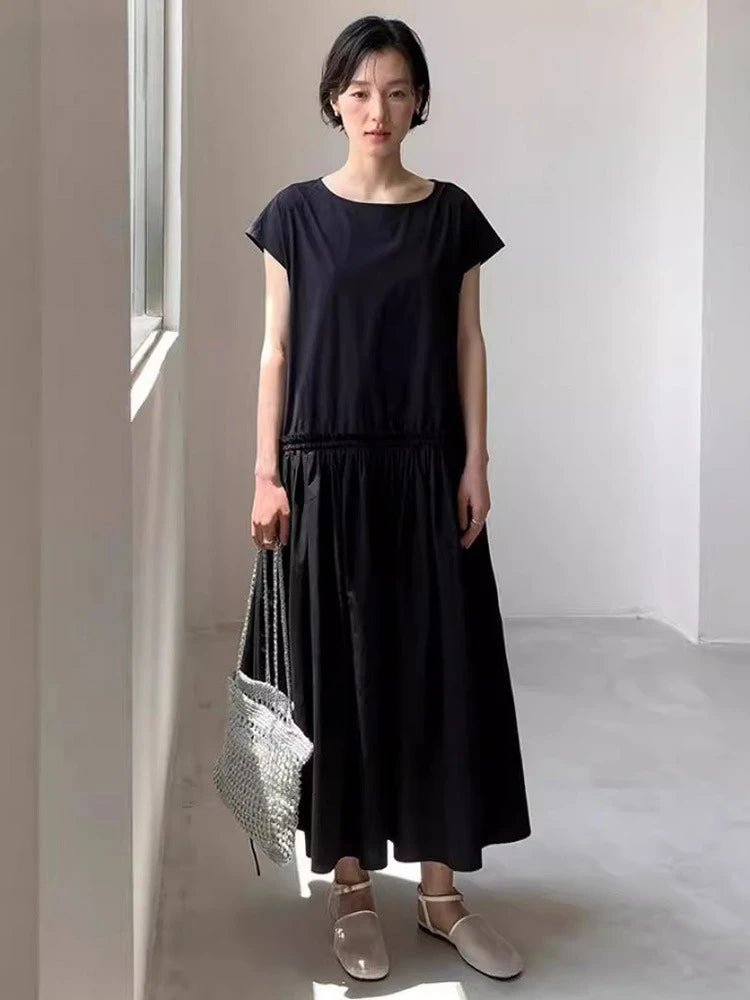 XITAO Solid Color Drawstring Dress O-neck Simple Temperament Pullover Slimming Loose Summer Woman A-line Casual Dress ZMY1331