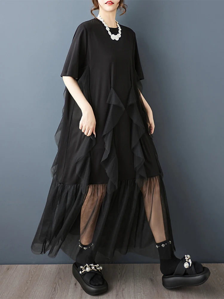 XITAO Gauze Patchwork Asymmetrical Dress Solid Color Pullover O-neck Short Sleeve A-line Slimming All Match Casual Dress ZMY1355