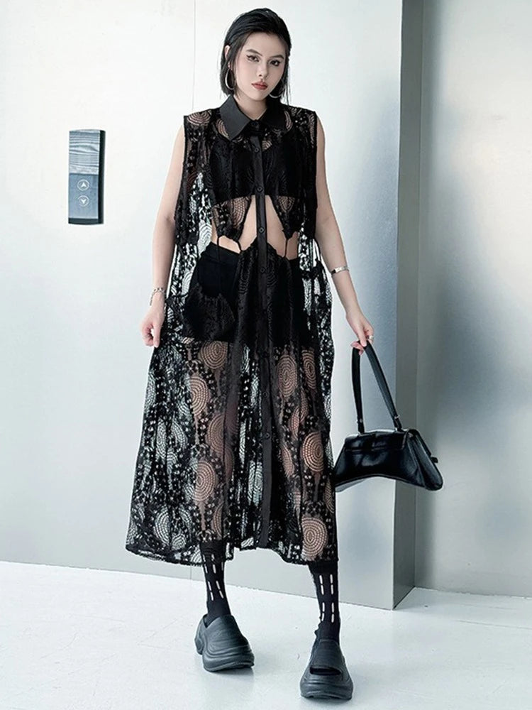 XITAO Lace Patchwork Sleeveless Dress Casual A-line Hollow Out Solid Color New Personality Turn-down Collar Women Dress GYX1661