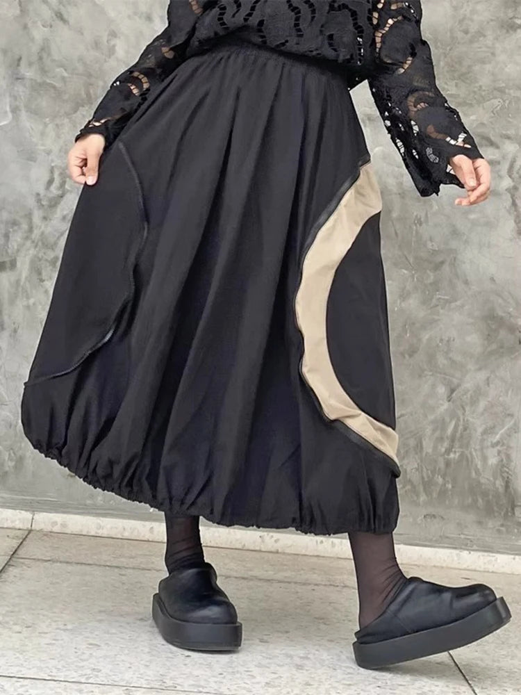 XITAO Contrast Color Patchwork Zipper Skirt Elastic Waist Shirring Loose A-line All Match Slimming Personality Skirt ZMY1180