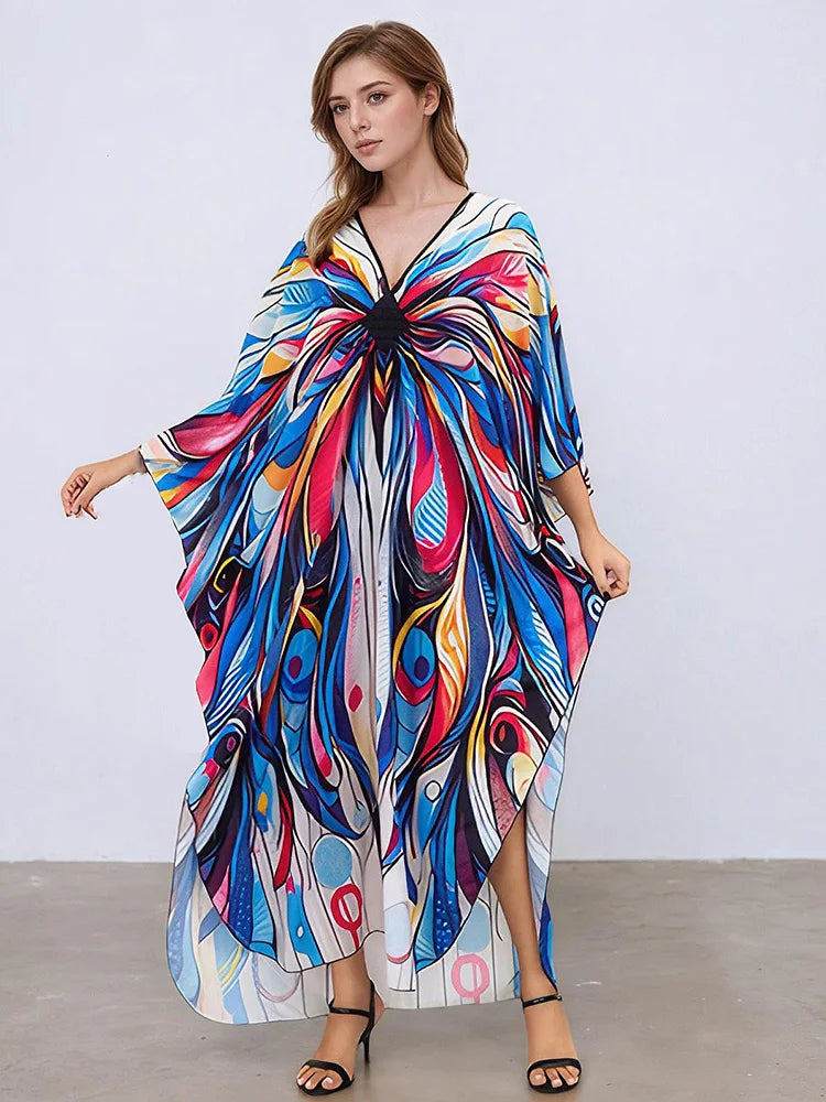 XITAO Contrast Color Print Dress Pullover V-neck Loose Personality Slimming Side Slit Bat Wing Sleeve Summer Woman Dress GJ1155