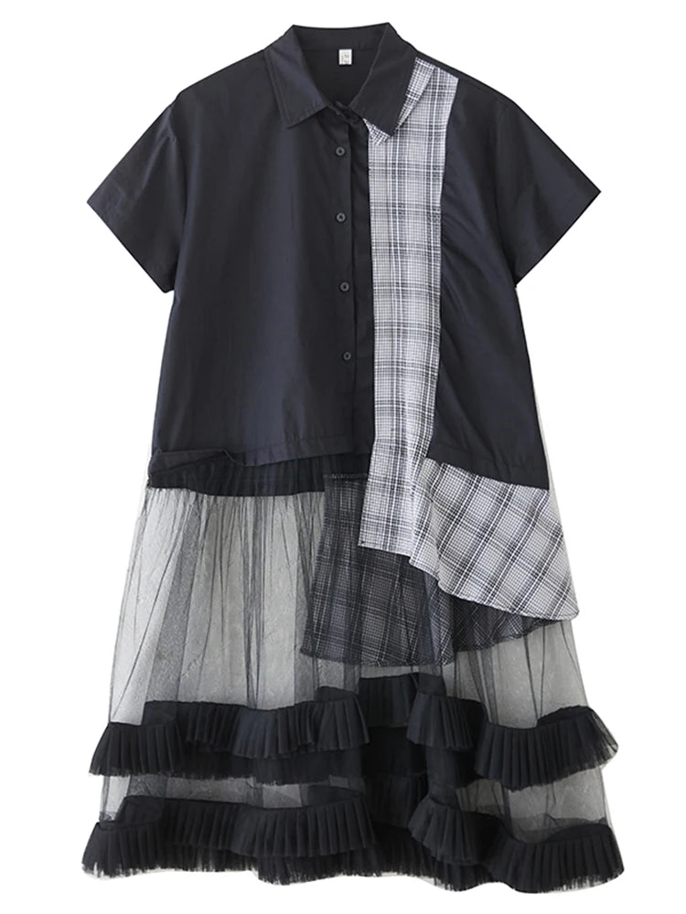 XITAO Asymmetrical Gauze Patchwork Dress Fashion Short Sleeve Turn-down Collar Loose Casual All-match Summer Woman Dress ZMY1388