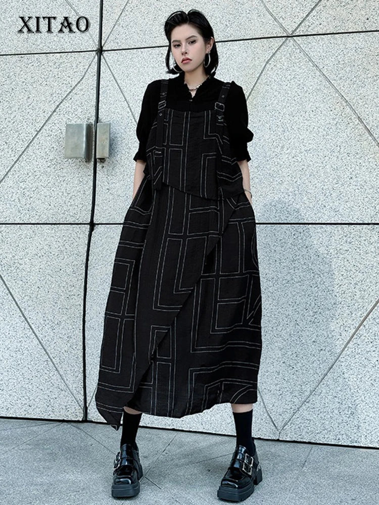 XITAO Patchwork Geometric Loose Strap Dress Sleeveless Casual Square Collar Simple All-match Slimming Summer Woman Dress HQQ2492