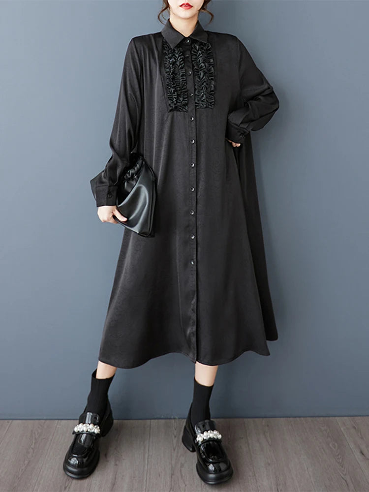 XITAO Loose Vintage Patchwork Shirt Dress Casual Solid Color All-match Single Breasted Women Long Sleeve A-line Dress GYX1562