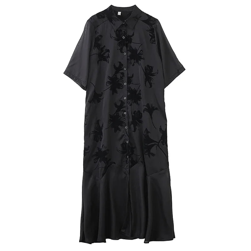 XITAO Vintage Patchwork Mesh Dress Loose Slimming A-line Women Summer Casual Single Breasted Temperament Shirt Dress ZMY1247