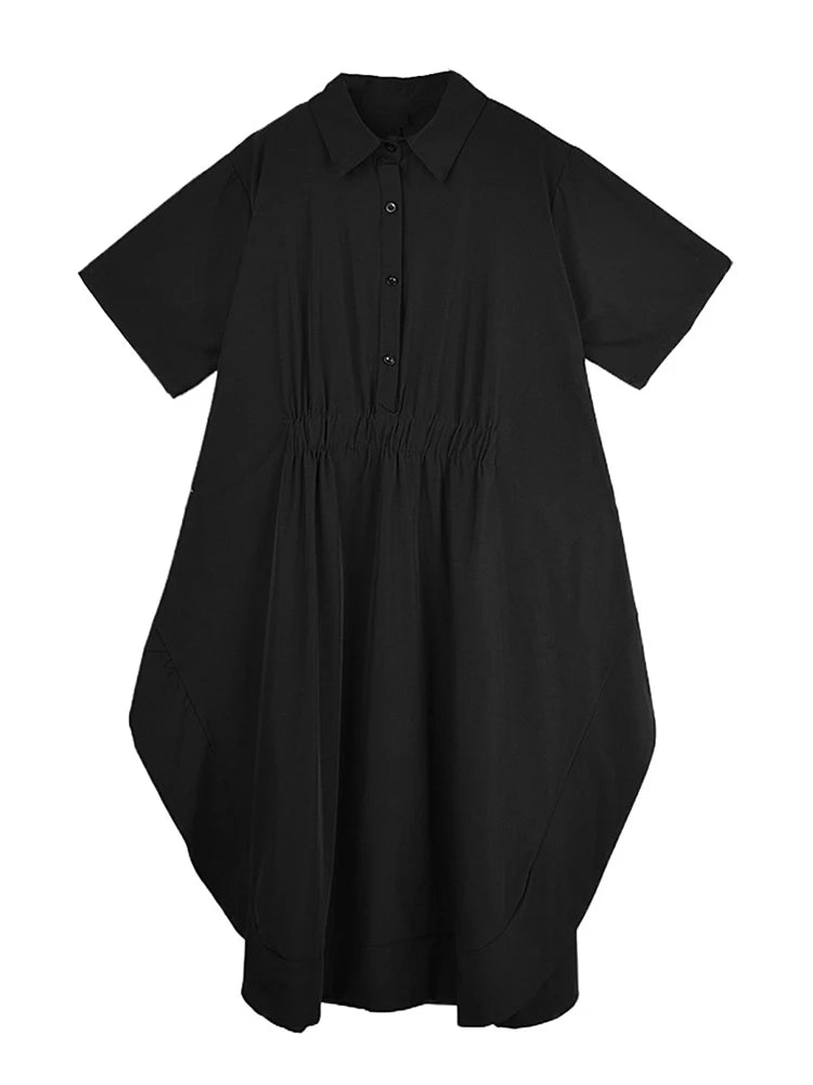 XITAO Irregular Button Dress Solid Color Casual Short Sleeve Loose Turn-down Collar Temperament Summer Woman Dress GYX1653