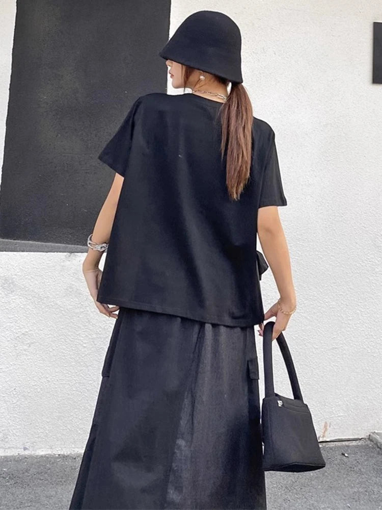 XITAO Patchwork O-neck Flower T-shirt Casual Short Sleeve Loose Fitting Bow Simple New Asymmetric Summer Women T-shirt GYX1610