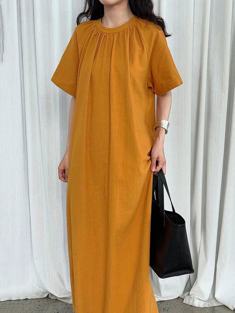 XITAO Back Hollow Out Loose Dress Solid Color Casual O-neck Temperament Short Sleeve Simple Slimming Summer Woman Dress ZMY1290