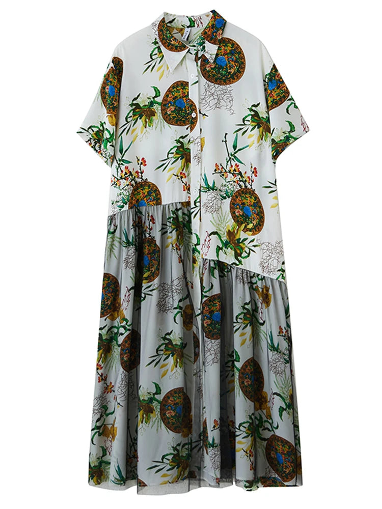 XITAO Gauze Patchwork Print Dress Turn-down Collar Loose Short Sleeve Casual Temperament Slimming Summer Woman Dress ZMY1293