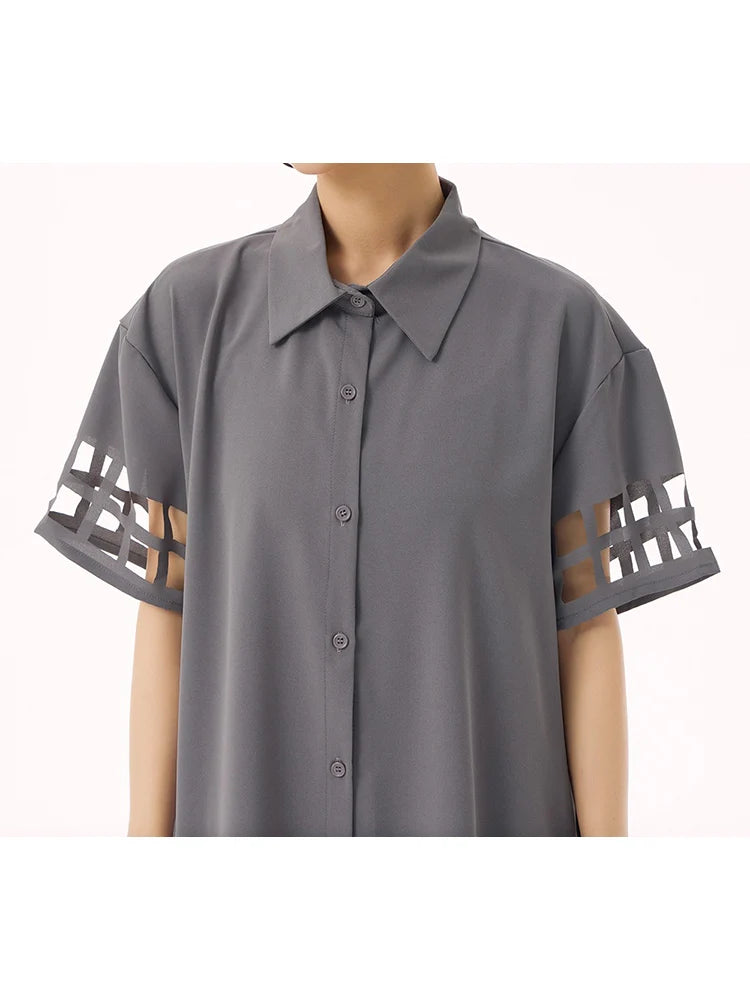 XITAO Hollow Out Patchwork Mesh Half Sleeve Dress Turn-down Collar Vintage Casual Solid Color Single Breasted Dress GMM1351