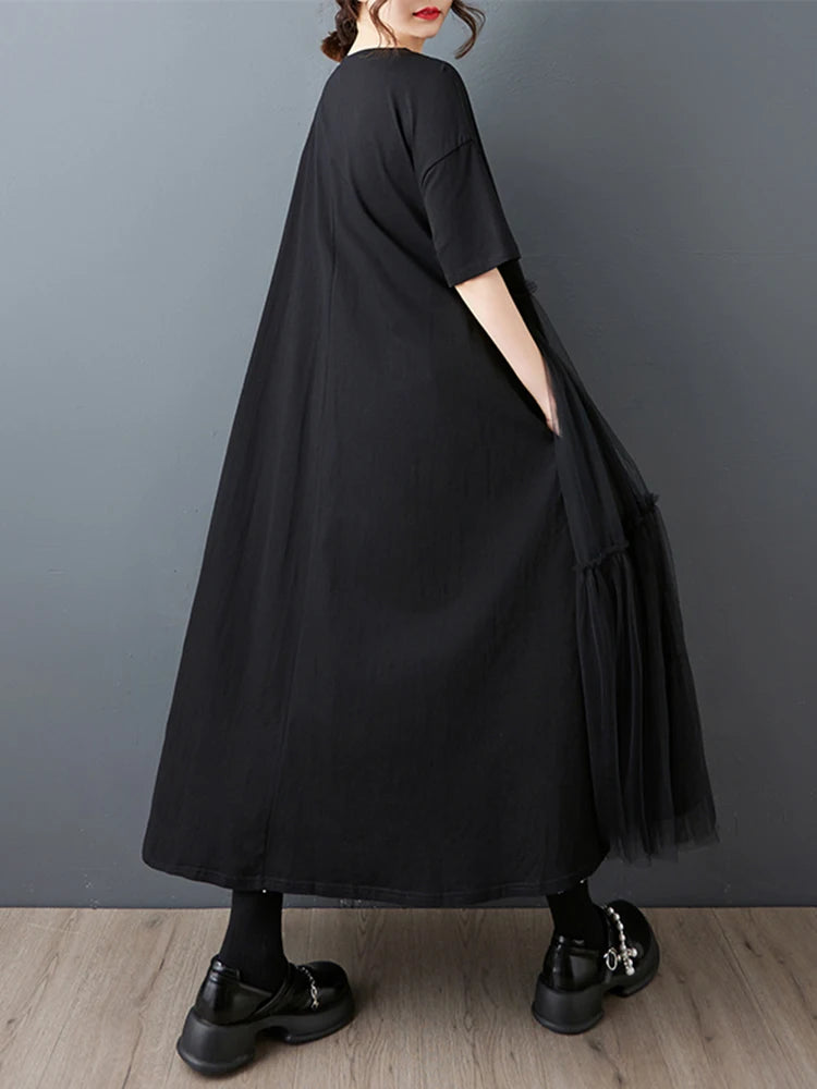 XITAO Gauze Patchwork Pocket Pullover Dress O-neck Short Sleeve Solid Color Loose Temperament Slim Casual All Match Dress ZMY1168