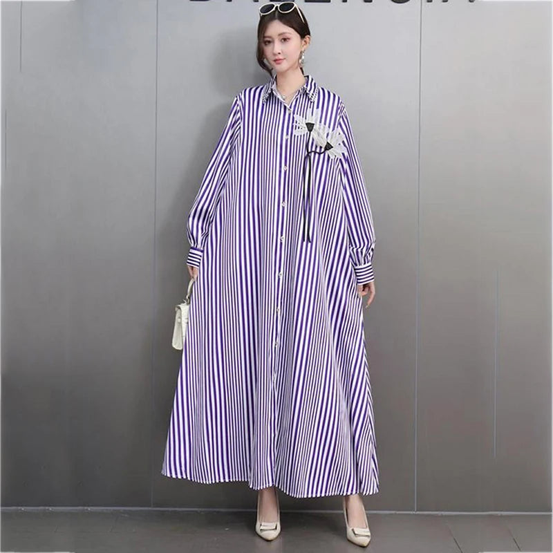 XITAO Stripe Single Breasted Flower Dress Casual Full Sleeve Turn-down Collar Loose Fitting Leisure Spring Female Dress GYX1524