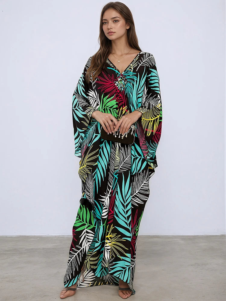 XITAO Batwing Sleeve Patchwork Print Contrast Color Dress V-neck Pullover Side Split Loose Casual Slimming Summer Dress GJ1146