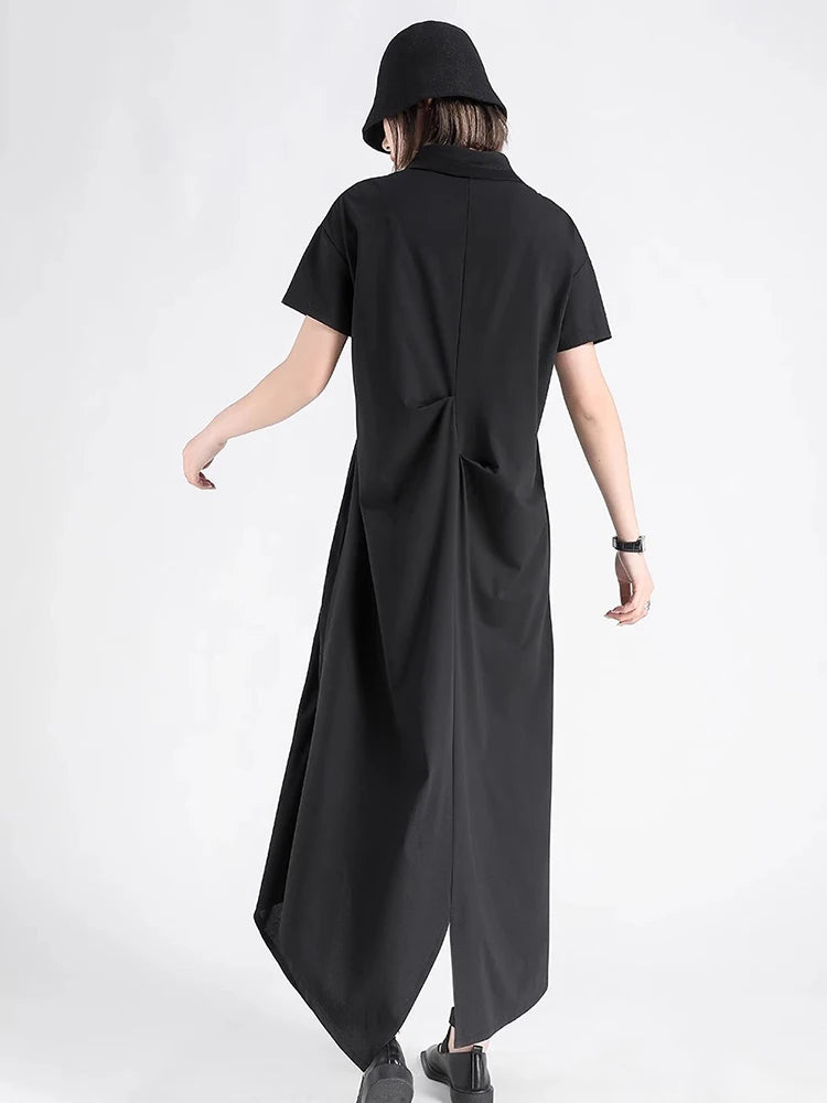 XITAO Asymmetrical Short Sleeve Female Dress Casual Loose Fitting A-line Slimming Turn-down Collar Summer Women Dress GYX1655