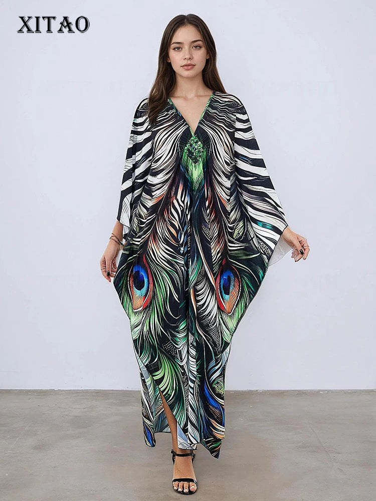 XITAO Print Contrast Color Loose Female Dress V-neck Casual Ankle-length Elegant Personality Pullover Summer Woman Dress GJ1158