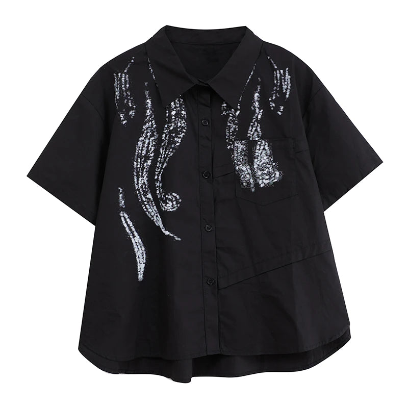 XITAO Contrast Color Print Patchwork Women Shirt Turn-down Collar Short Sleeve Vintage Loose All Match Casual Top HQQ2452