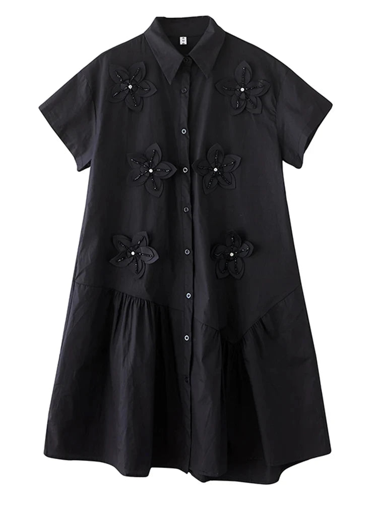 XITAO Solid Color Short Sleeve Dress Three-dimensional Decoration Turn-down Collar Loose Slimming Summer Woman Dress ZMY1398