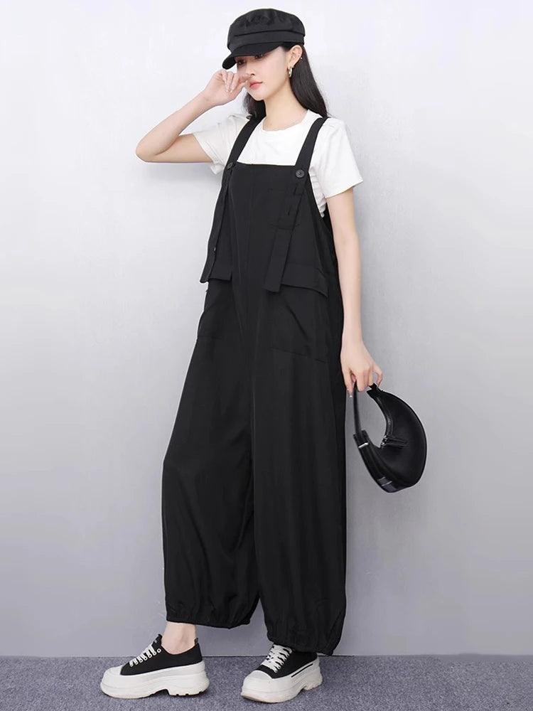 XITAO Sleeveless Straps Jumpsuits Temperament A-line Pocket Patchwork Women Loose Solid Color Summer Slimming Jumpsuits ZMY1338