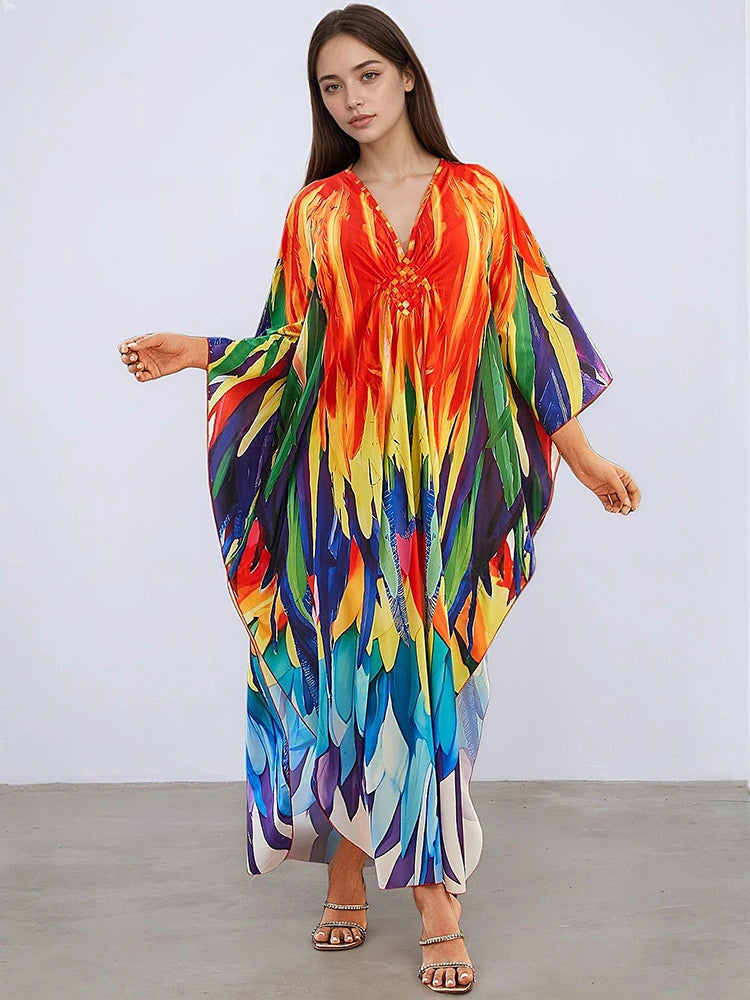XITAO Bat Wing Sleeve Vintage V-neck Print Dress Loose V-neck Casual Side Slit Temperament Personality Summer Woman Dress GJ1160