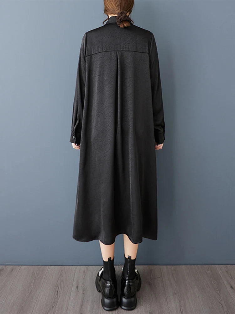 XITAO Loose Vintage Patchwork Shirt Dress Casual Solid Color All-match Single Breasted Women Long Sleeve A-line Dress GYX1562