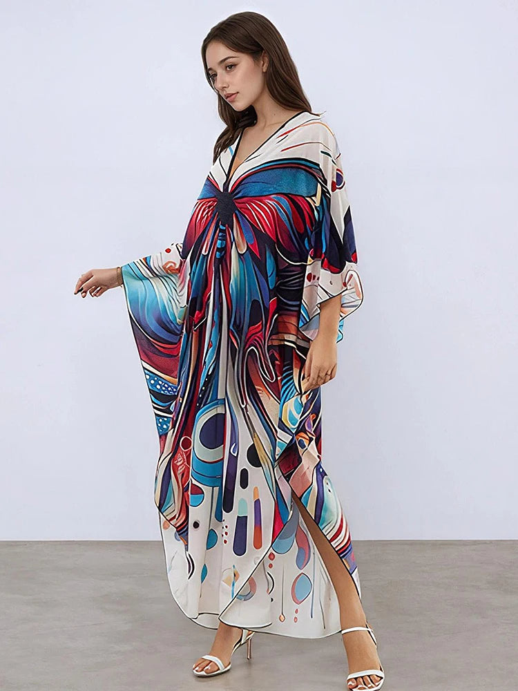 XITAO Butterfly Print V-neck Dress Bat Wing Sleeve Pullovers Side Slit Casual Vintage Ankle-length Summer Woman Dress GJ1168